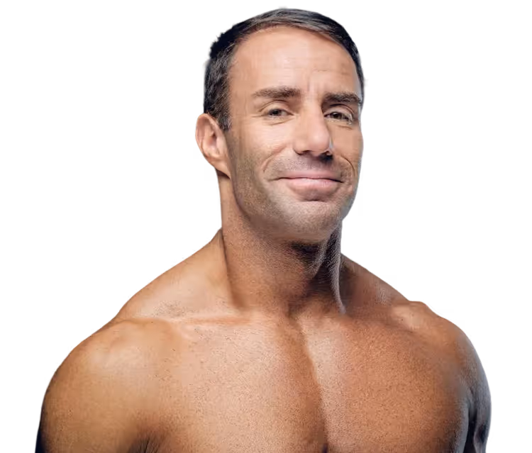 Smiling muscular man showcasing healthy physique, representing fitness and vitality related to Mots-c peptide therapy.