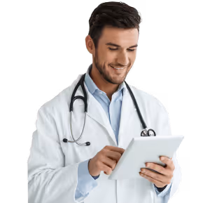 Doctor in a white coat using a tablet, representing personalized support from licensed physicians.