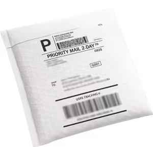 Discreetly packaged medication envelope labeled Priority Mail 2-Day, representing home delivery for Mots-c peptide therapy.