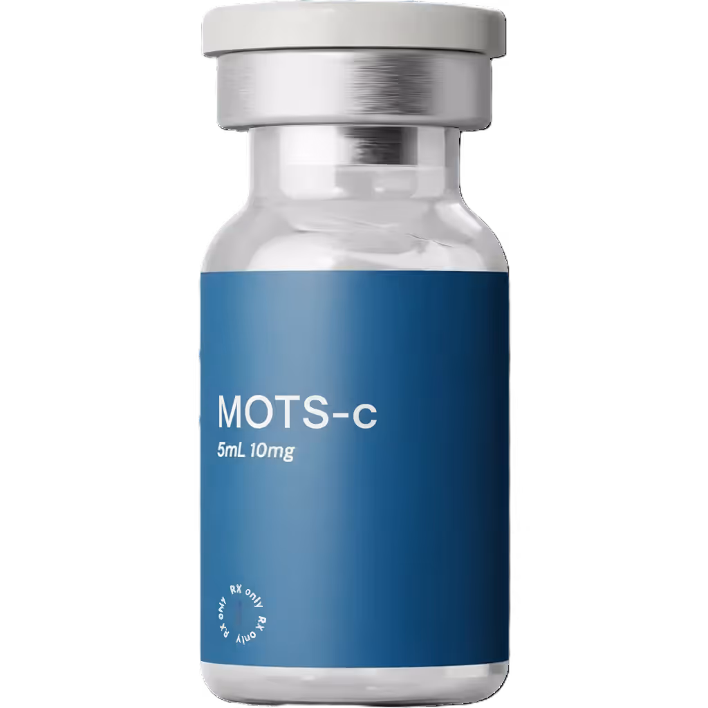 MOTS-c prescription vial labeled 5mL 10mg with a blue label and white cap.