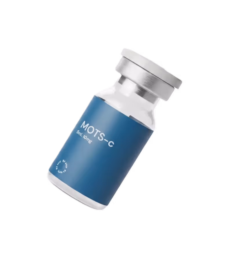 Tilted MOTS-c 5mL 10mg vial with a blue label and silver cap.